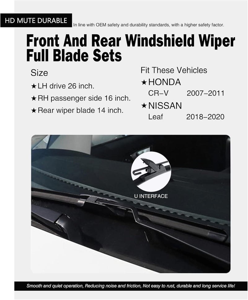 FAPIUO Replacement for Honda CR-V 2007-2011,Nissan Leaf 2018-2020,Acura RDX 2007-2018 Silent Wipers - Front and Rear Windshield Wipers 26"/16"+14" Full Blade Set (3 Pack) - Image 2